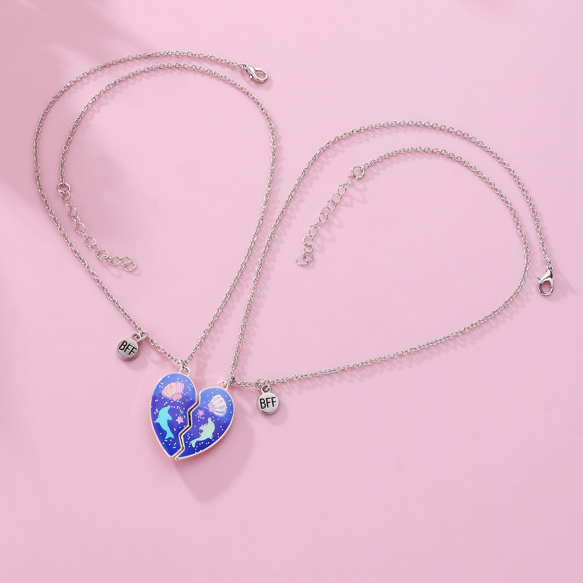 2pcs Kids BFF Magnetic Necklace Set – Heart Dolphin Shell Pendant